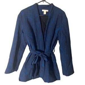 H&M Blue Black Paisley Swirl Print Belted Open Front Blazer Women’s XS